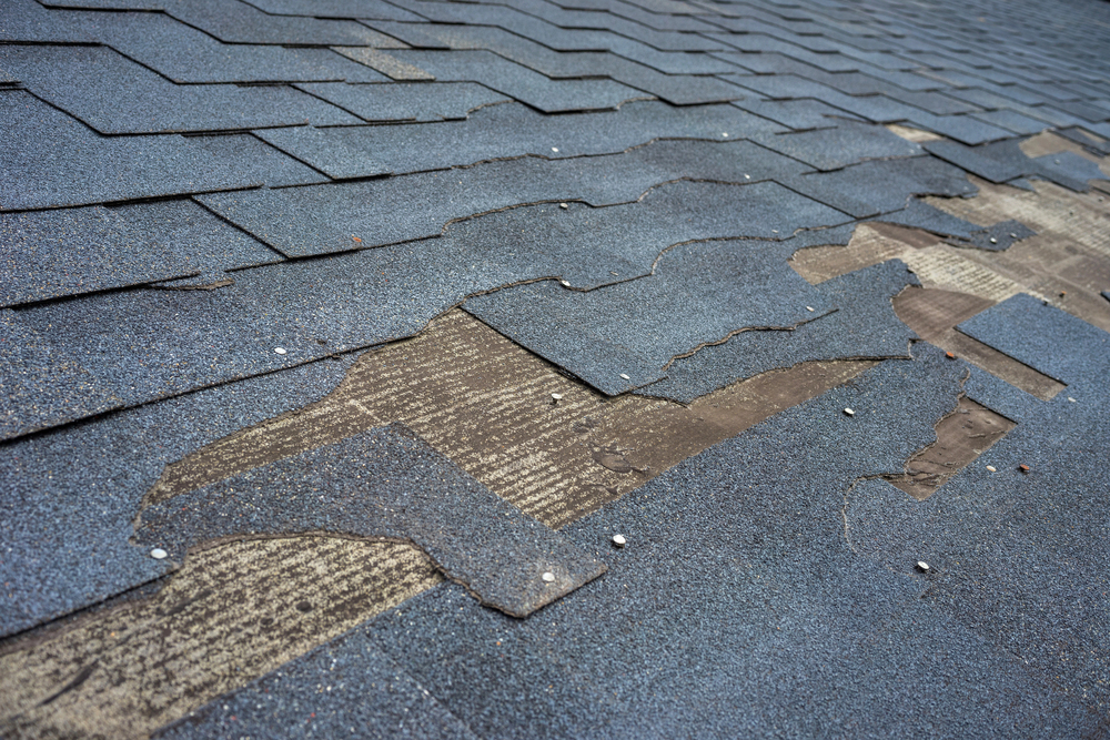 Close-up of a roof with damaged and missing asphalt shingles, exposing the underlayment beneath.